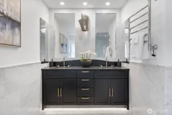 Heated Towel Rack, Custom inset Mirrors set off Visual Comfort’s Pewter sconce and Hand-Rubbed Antique Brass with clear glass Rods and Frosted Glass Diffuser Flush-mounted Candelabra. Dual Robern medicine cabinets.