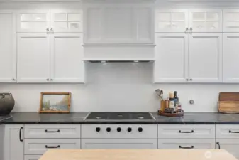 Wolf 5-gas burner cooktop integrated into honed black Soap Stone slab Countertop