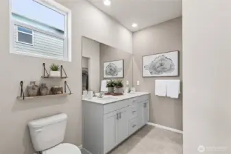 Primary bathroom with modern design. Actual home is under construction. Colors, materials, and features may vary. See site agent for details.