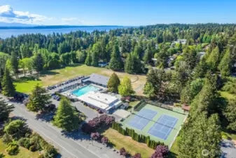 Innis Arden clubhouse, courts, pool, and field.