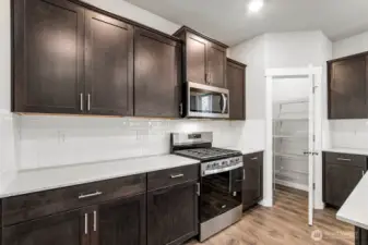 Gourmet gas range is not shown in this picture. This home will have a large vent above the floating gas range. Microwave and oven are separate.