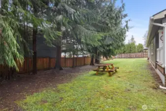 Expansive yard with established trees offering natural shade and separation.