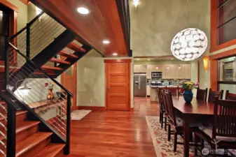 Metal stair rails with cable.
