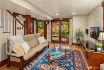 Lower level family room looking out to Japanese inspired rear yard