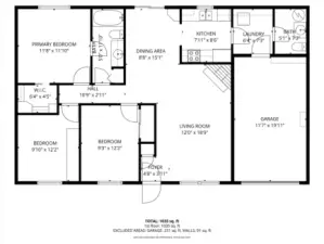 Great one-story floor plan.  Full square footage including all spaces and interior walls is 1,076 square feet per county records.