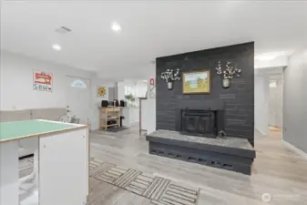 Wood burning fireplace on lower level