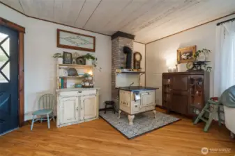 Dining area with fully functioning antique stove