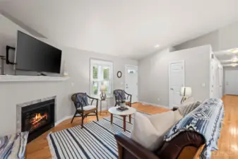 Gas fireplace is efficient and warm.