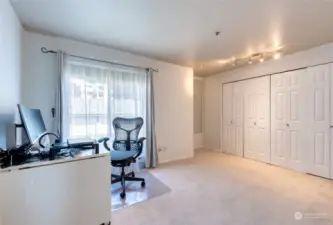 To the left of the front entrance is the first guest bedroom, which offers versatile use as a bedroom, home office or hobby room. Double folding closet doors open up to an extensive closet storage space.