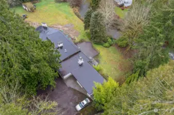 Aerial view of the house and Issaquah Creek