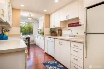 Kitchen with recessed lighting.