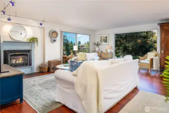 Living room with gas fireplace and view of Ballard locks.