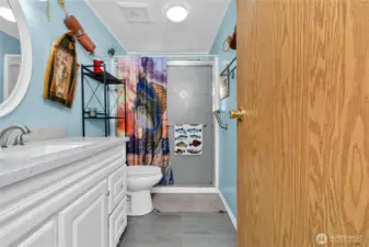 The guest bath has been beautifully updated, featuring a walk-in shower, stylish cabinetry, a modern sink, and warm, inviting lighting.