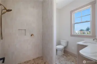 Roll in mudset shower with tile surround to ceiling