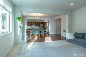 Living room looking into the dining room and kitchen