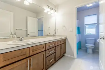 Full bathroom with double sink and separate toilet/shower/bath area