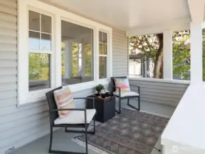 Expansive east-facing porch opens to Cascade views and golden sunrise. Photos from earlier listing in 2025.