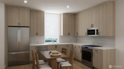 Modern kitchen with stainless steel appliances and light wood cabinetry. (these are digital rendering, not represented of the actual home, materials & finishes subject to change)