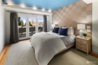 Master bedroom with tiered lighting and star lit room.