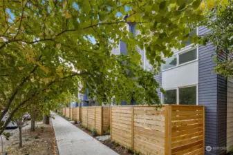 Stroll along the peaceful sidewalk, shaded by lush greenery, towards your new home. The wooden fence provides privacy while seamlessly blending into the neighborhood's natural beauty.