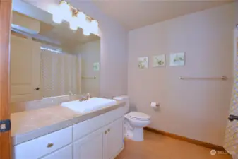 Main bath w/radiant heated floors and soaking/jetted tub.