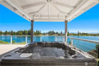 Lower deck hot tub and gazebo with Mt. Rainier view to the right.