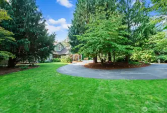 Rounded driveway with large front yard