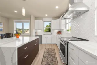 Kitchen with quartz water fall counter