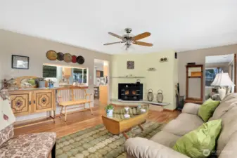 Living room with wood burning stove.
