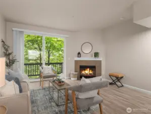 Living room, deck and fireplace
