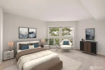 Primary bedroom with floor to ceiling  windows allow for the most light into the  bedroom.