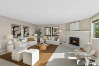 Marble-faced gas fireplace anchors the spacious living area . .