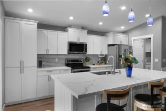 Kitchen with ample lighting.