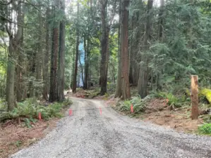 Level gravel access through tranquil and private forest.
