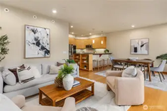 A look from the living room to the open dining area, with great south facing light.