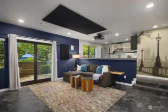 The ground level offers fun space with media room, full kitchen, bedroom, bathroom and large walk-in storage: possible MIL with its own private patio.