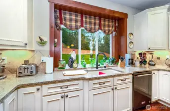 Crisp~Clean~White Cabinetry~Smooth Slab Granite Counters~Undermount Oversized Sink Basin~Tile Backsplash & Task Lighting~