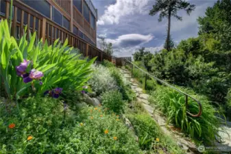 An easy incline pathway from the river to the lodge.