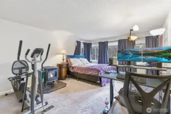 Huge primary with freestanding gas fireplace and en suite bath & walk in closet