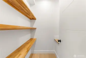 Walk-in pantry with custom shelves. To the right is a larger than you would expect nook.