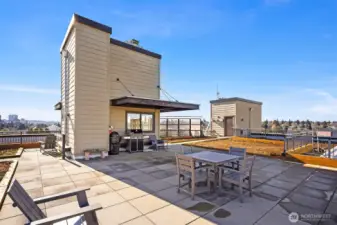 The rooftop deck is expansive with plenty of hangout space and views of all the iconic Seattle sights.