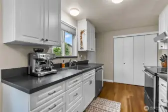 kitchen with window to backyard