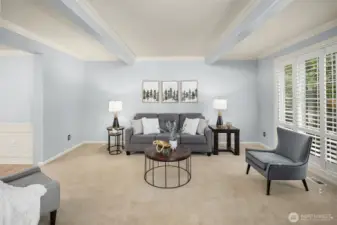 Spacious living room overlooking light filled dining room