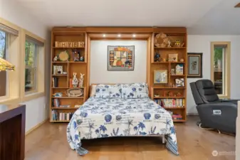 Murphy bed concealed by sliding bookcases.