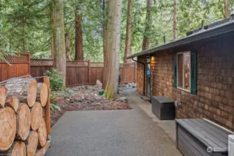 Private back patio with wood stack