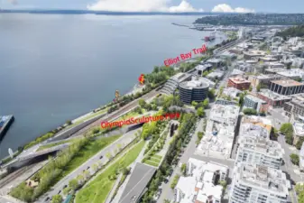 Aero view of Olympic Sculpture Park and Elliott Bay