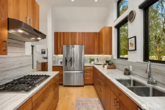 Bosch 5 burner stove with Allure fan and Elkay stainless steel double sink. LG side-by-side fridge with water dispenser and ice maker.