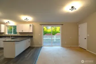 Open concept kitchen and gathering room.