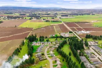 Aerial view of Raspberry Ridge Golf Course community and surrounding farmland.