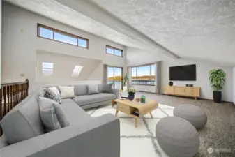 Upper family room, with view and balcony. Virtually staged.